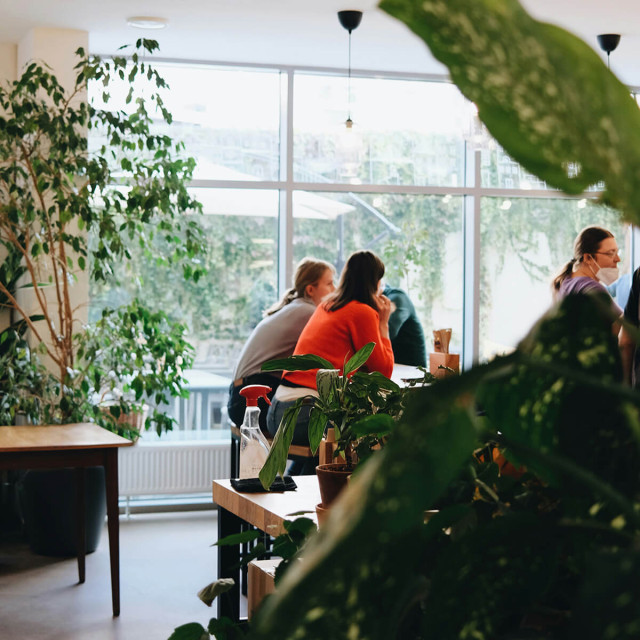 Drei Personen sitzen im Coworking Bereich des Greenhouse Senden an Tischen.
